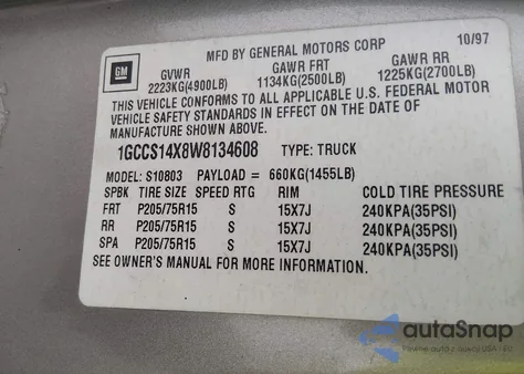 1998 Chevrolet S-10 Fleetside z USA, uszkodzony, nr VIN 1GCCS14X8W8134608